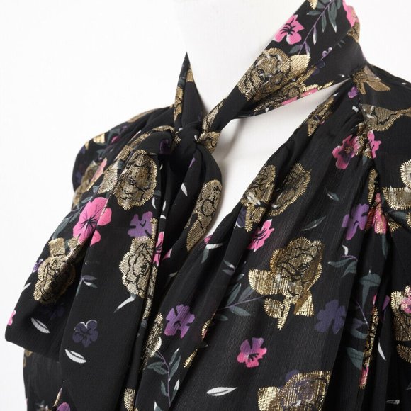 Zara Blouse Shirt XS Tied V-Neck Black Floral - Picture 3 of 7